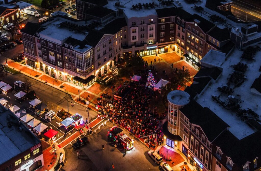 Drone image of Village Square during the Holiday Festival. Photo by Marino Carrabs